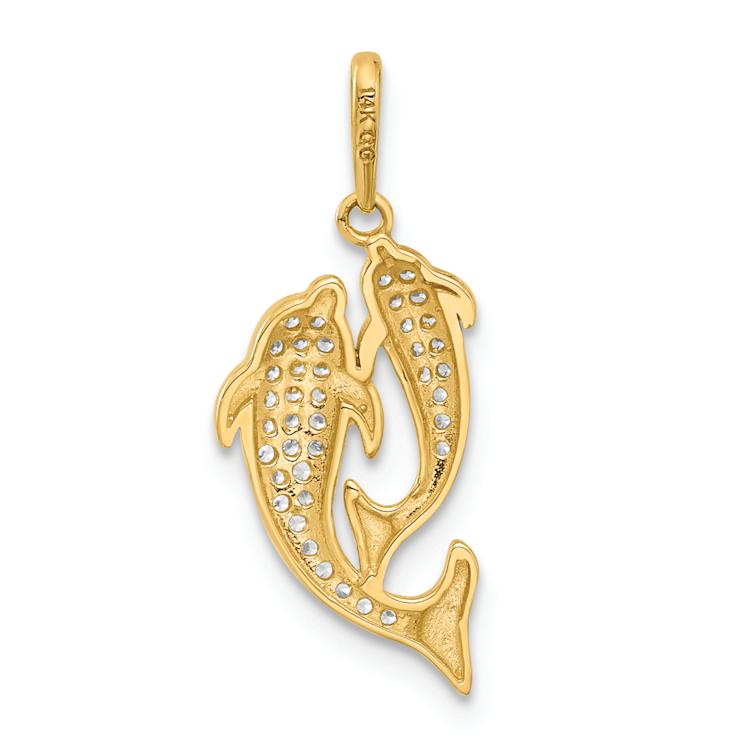 14k Yellow Gold Polished Cubic Zirconia Two Dolphins Pendant