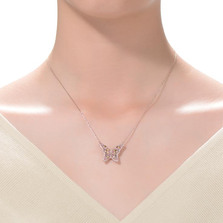 Multi-Color CZ Butterfly Station Necklace In 18K Rose Gold Over Sterling Silver