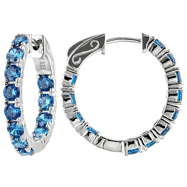 Neon Blue CZ Hoop Earrings In Sterling Silver