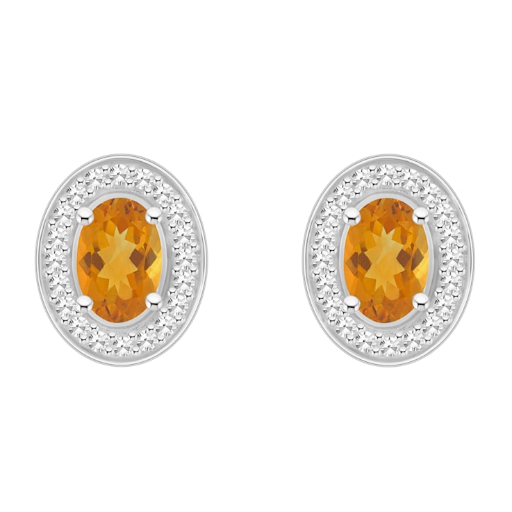 6x4mm Oval Citrine 1/5 ctw Diamond Rhodium Over Sterling Silver Halo
Stud Earrings