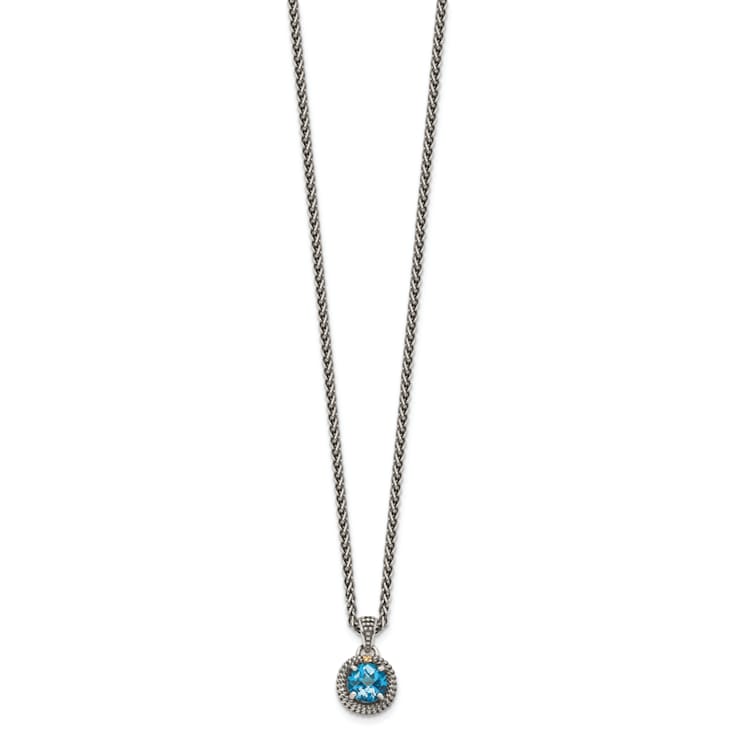 Sterling Silver Antiqued with 14K Accent Blue Topaz Necklace