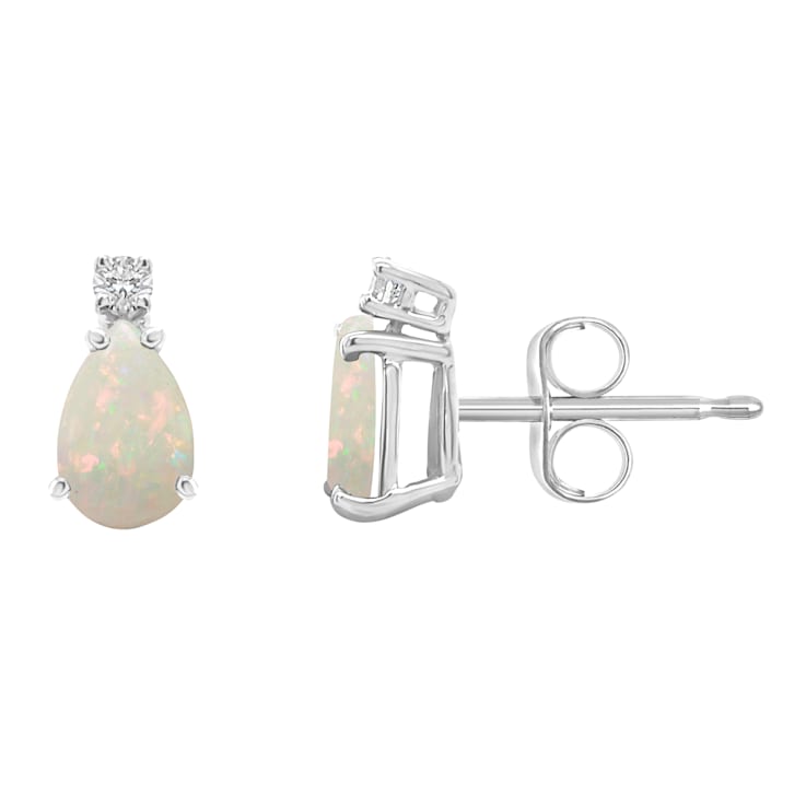 6x4mm Pear Shape Opal with Diamond Accents 14k White Gold Stud Earrings