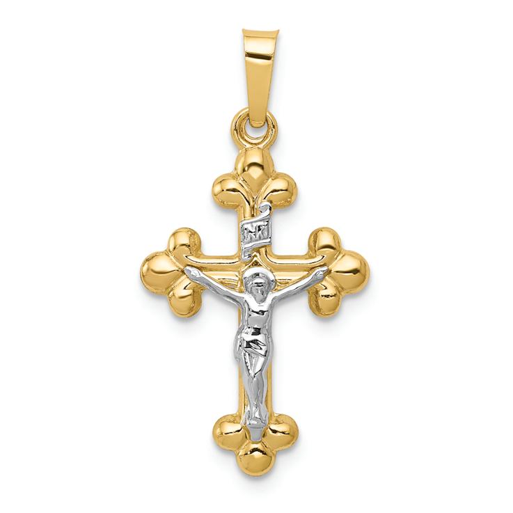 14K Two-tone Gold Polished Brushed Budded INRI Crucifix Pendant