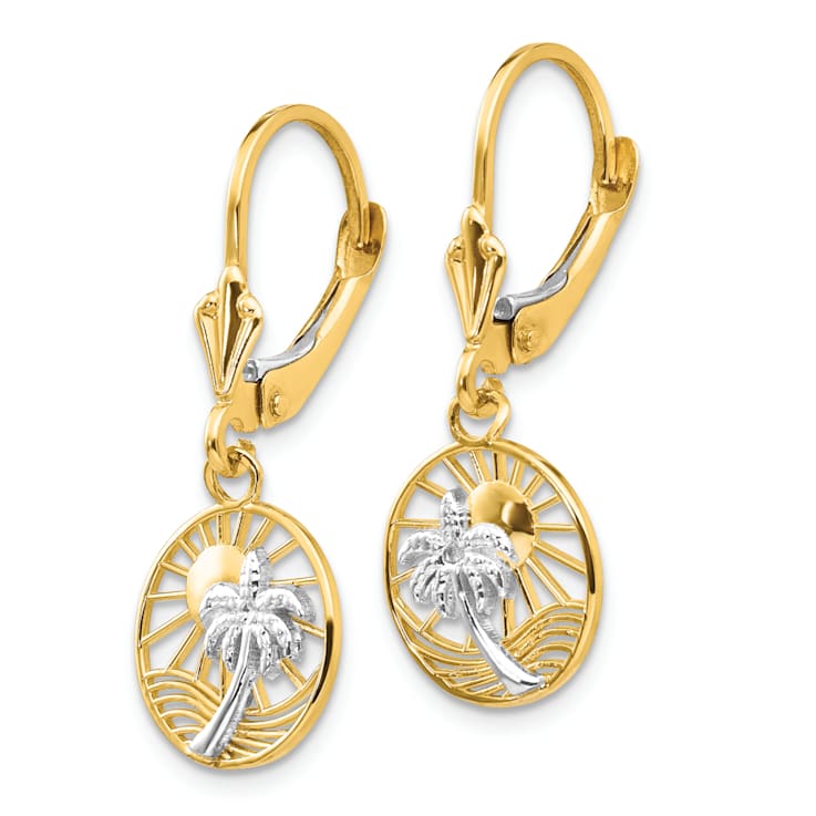 14k Two-tone Gold Palm Tree Dangle Earrings