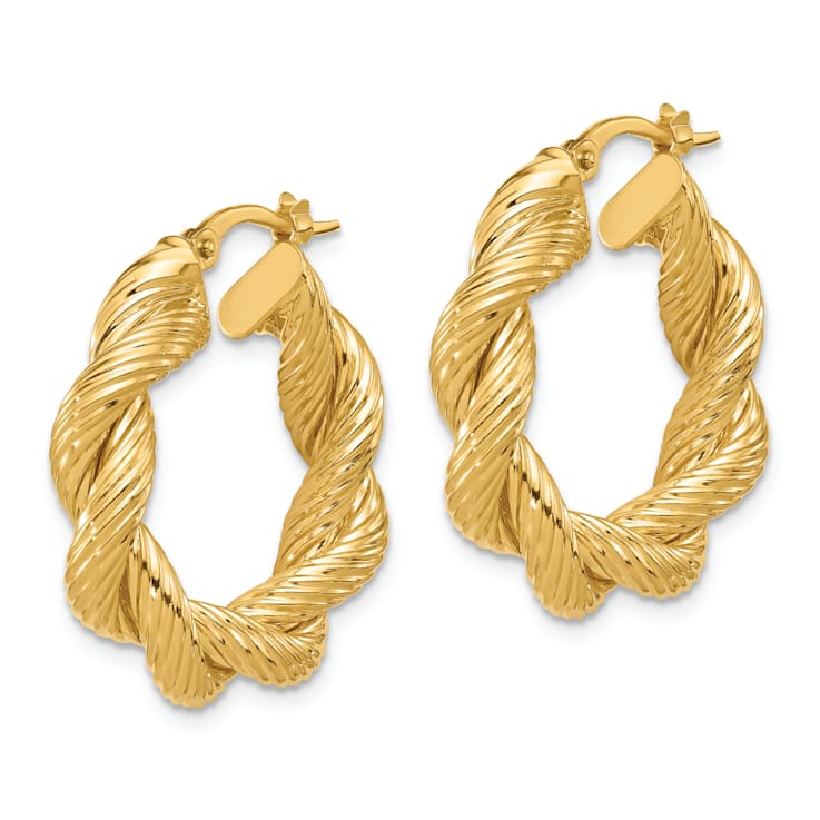 14K Yellow Gold 1" Polished and Textured Twisted Hoop Earrings
