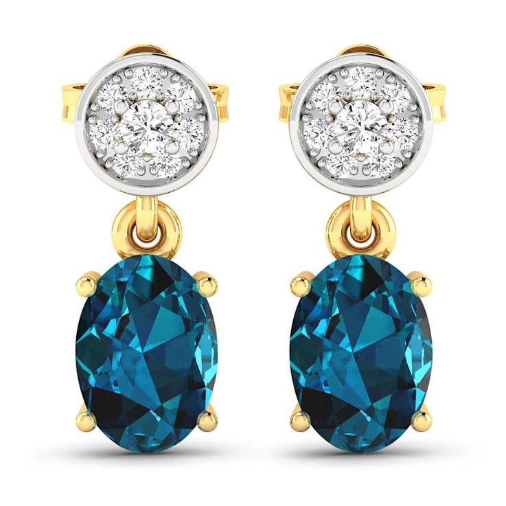 1.40ctw 14K Yellow Gold London Blue Topaz  and White Diamond Halo Earrings