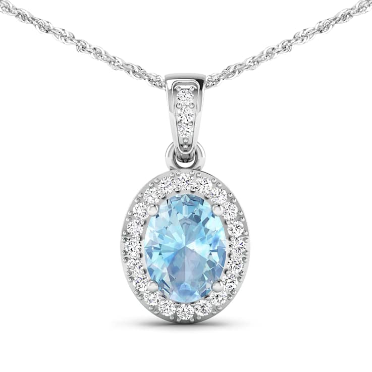 0.96ctw 14K White Gold Aquamarine and White Diamond Pendant with 18 inch
Cable Chain