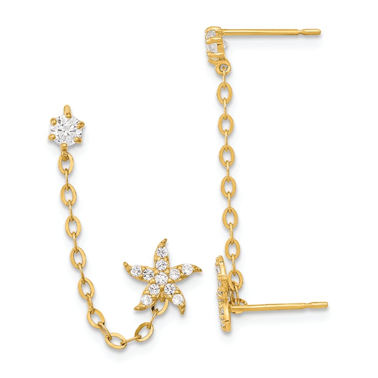 14K Yellow Gold Cubic Zirconia Double Post with Chain Starfish Earrings