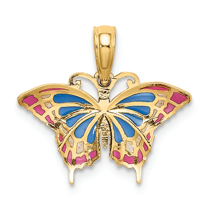 14k Yellow Gold Small Enameled Blue and Red Butterfly Pendant
