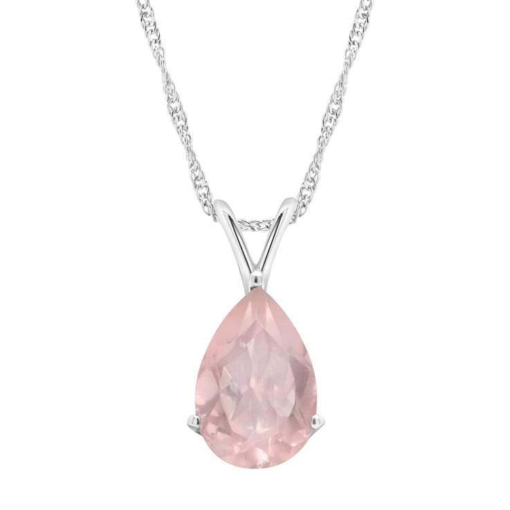 12x8mm Pear Shape Rose Quartz Rhodium Over Sterling Silver Pendant With Chain