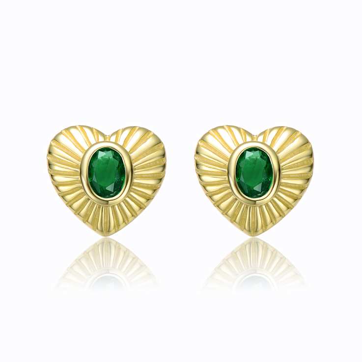 Emerald Color CZ Heart Stud Earrings In 14K Gold Over Sterling Silver