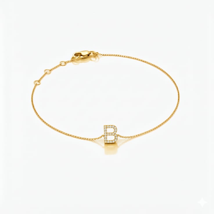 10K Yellow Gold White Diamond B Initial Bracelet for Women with
Adjustable Chain, 0.07ctw