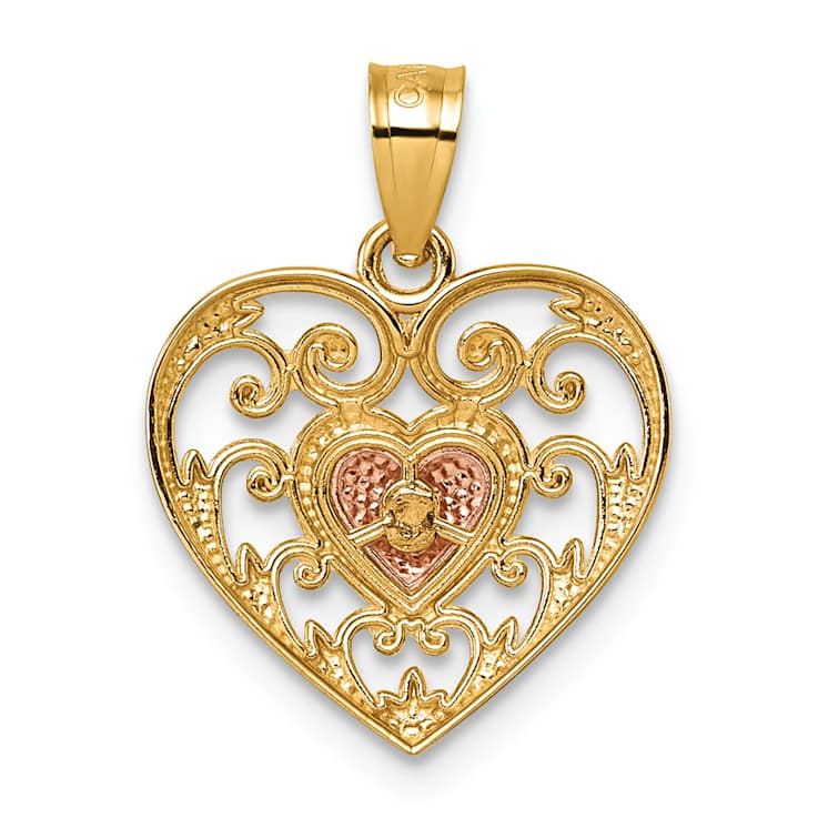 14K Yellow Gold With Rose Gold Accent Polished And Textured Fancy Heart
In Heart Pendant