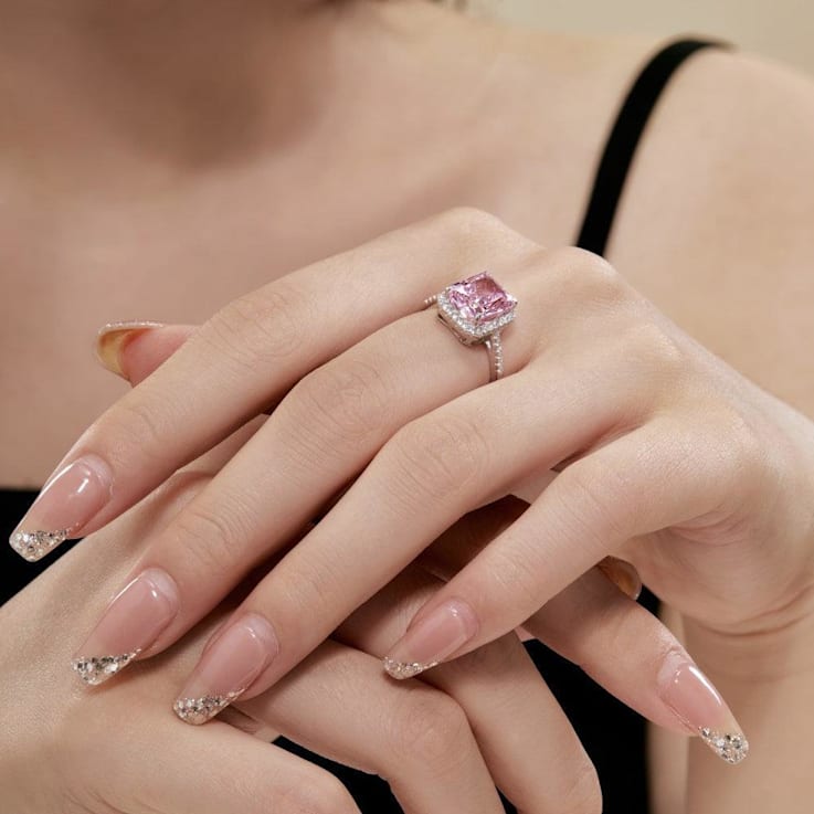 Radiant Cut Pink and Round White Cubic Zirconia Accents Sterling Silver
Halo Ring