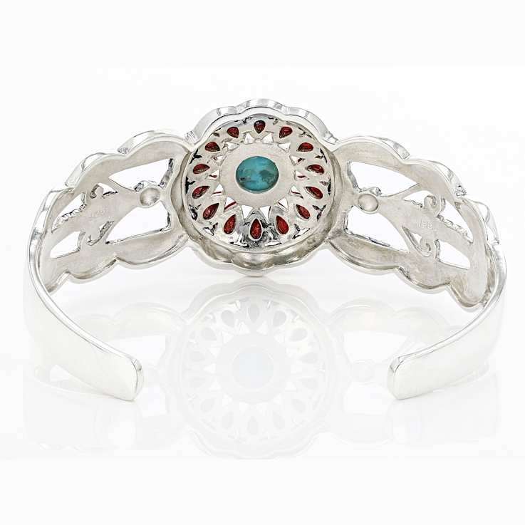 Turquoise And Coral Southwest Design Sterling Silver Cuff Bracelet