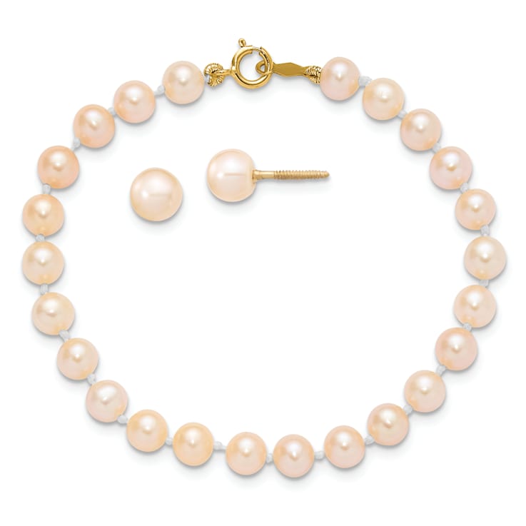 14K Yellow Gold 4-5mm Pink Freshwater Cultured Pearl 5.5 Inch Bracelet
and Earrings Set
