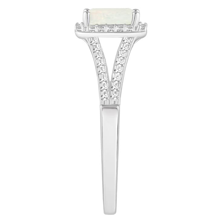 6x4mm Emerald Cut Opal 1/4 ctw Diamond Rhodium Over Sterling Silver Halo Ring