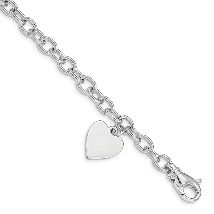 14K White Gold Link with Heart Charm Bracelet