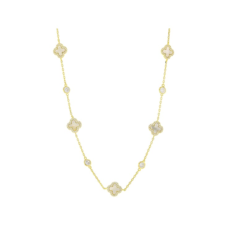 Clover Station Pendant With CZ And Mother-Of-Pearl Necklace In 14K Gold
Over Sterling Silver
