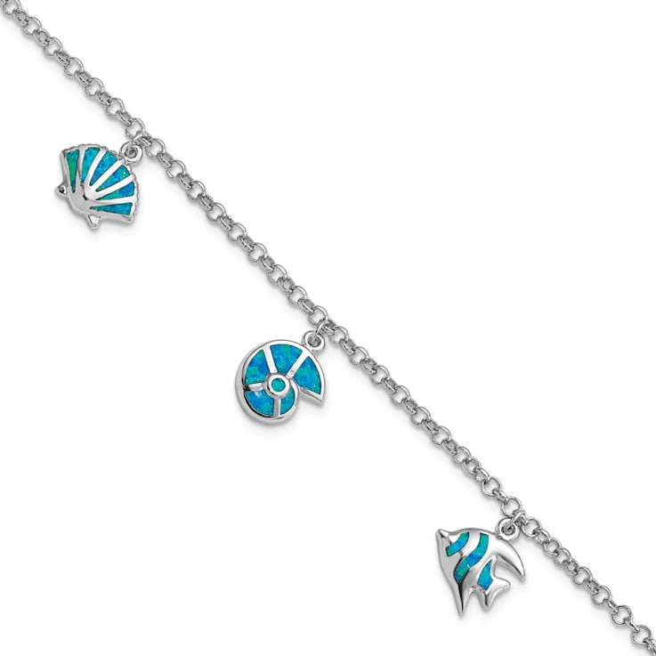 Rhodium Over Sterling Silver Lab Created Opal Fish and Shells Charm Bracelet