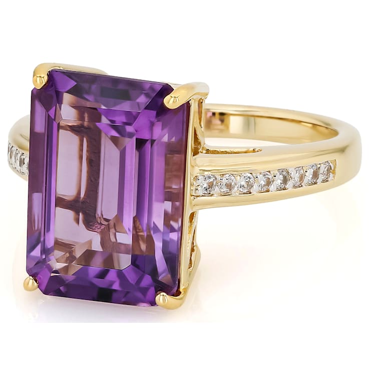 Amethyst Rectangular Octagonal And White Zircon Ring In 18K Gold Over
Sterling Silver 6.61ctw