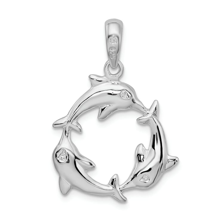 Rhodium Over Sterling Silver Polished 3 Dolphin Circle Pendant