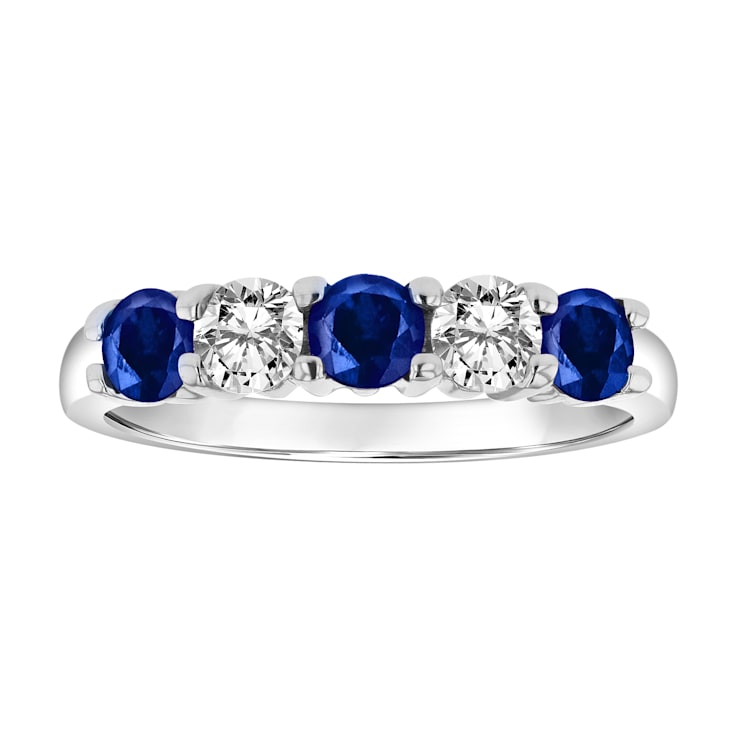 14K White Gold 5-Stone Sapphire and Diamond Band Ring, 1.26ctw