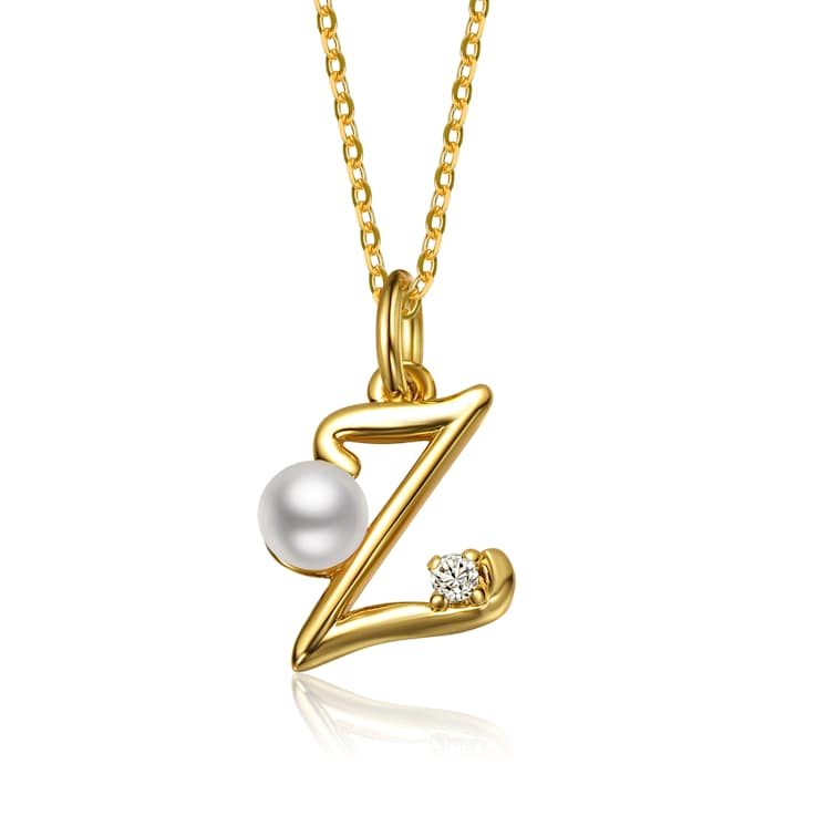 Initial Z Pear Shape CZ And Pearl Pendant Necklace In 14K Gold Over Brass