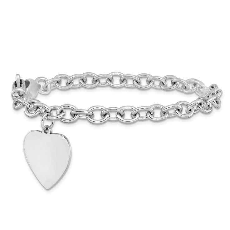 Rhodium Over 14k White Gold Polished Link with Heart Charm Bracelet