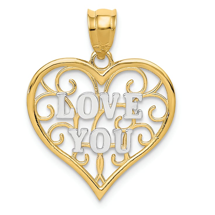 14k Two-tone Gold Polished Filigree Love You Pendant