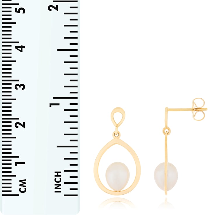 White Cultured Freshwater Pearl 14k Yellow Gold Earrings 6.5-7mm