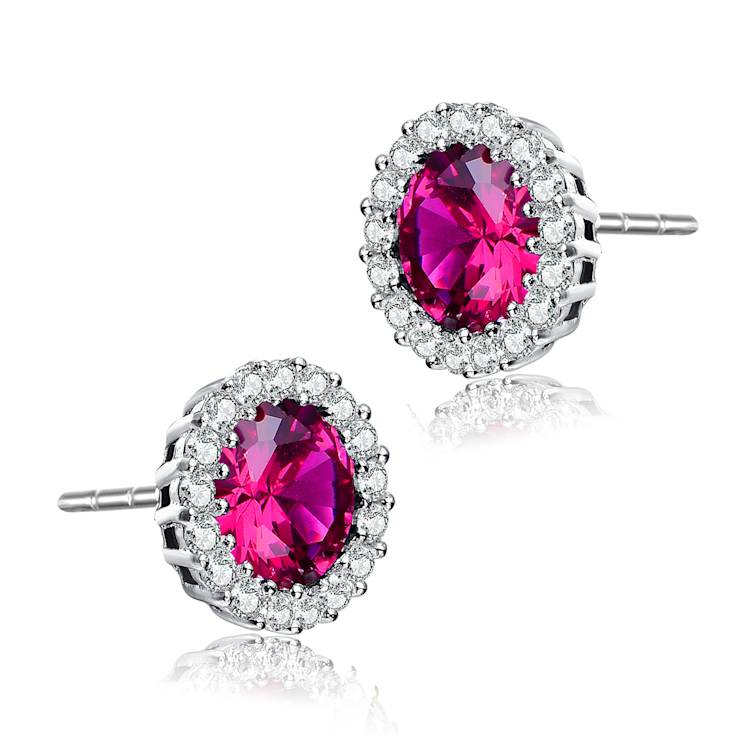 Ruby Color CZ Halo Stud Earrings In Sterling Silver