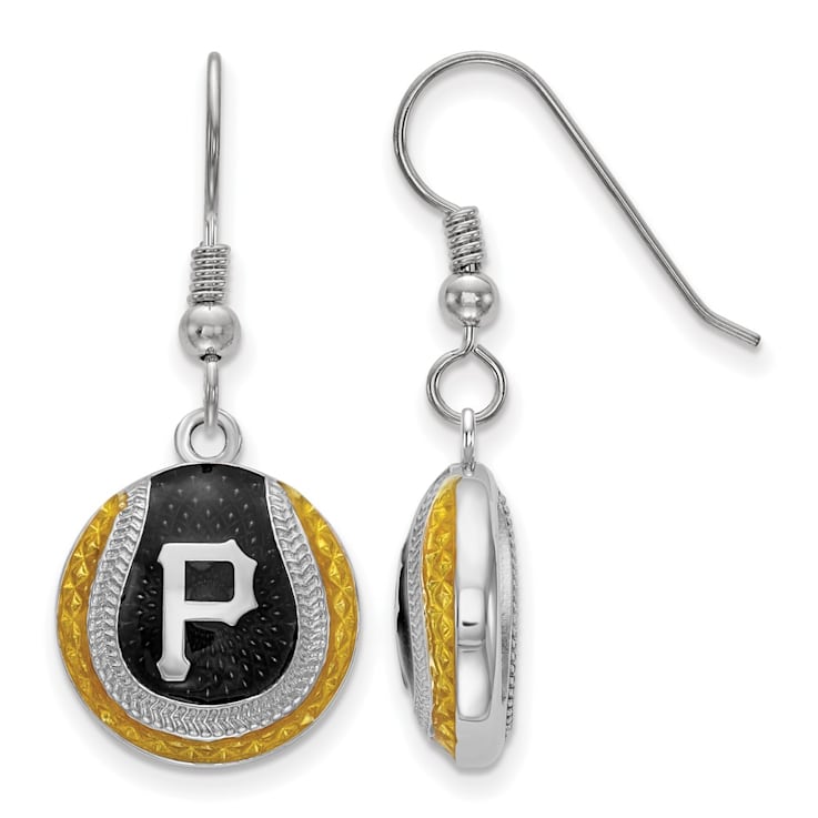 Rhodium Over Sterling Silver MLB LogoArt Pittsburgh Pirates Enamel Earrings
