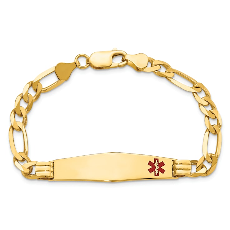 14k Yellow Gold Medical Soft Diamond Shape Red Enamel Figaro Link ID Bracelet