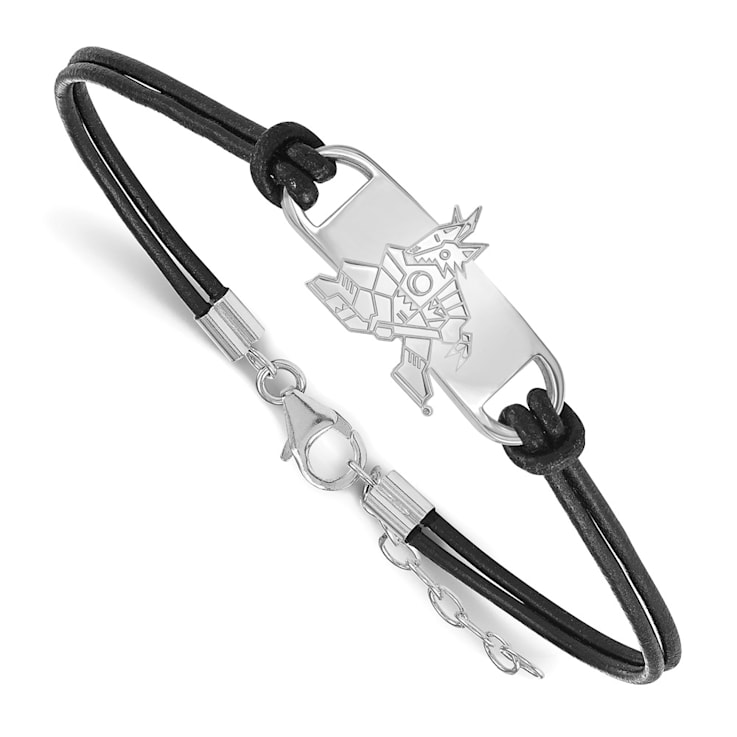 Rhodium Over Sterling Silver NHL LogoArt Arizona Coyotes Leather Bracelet