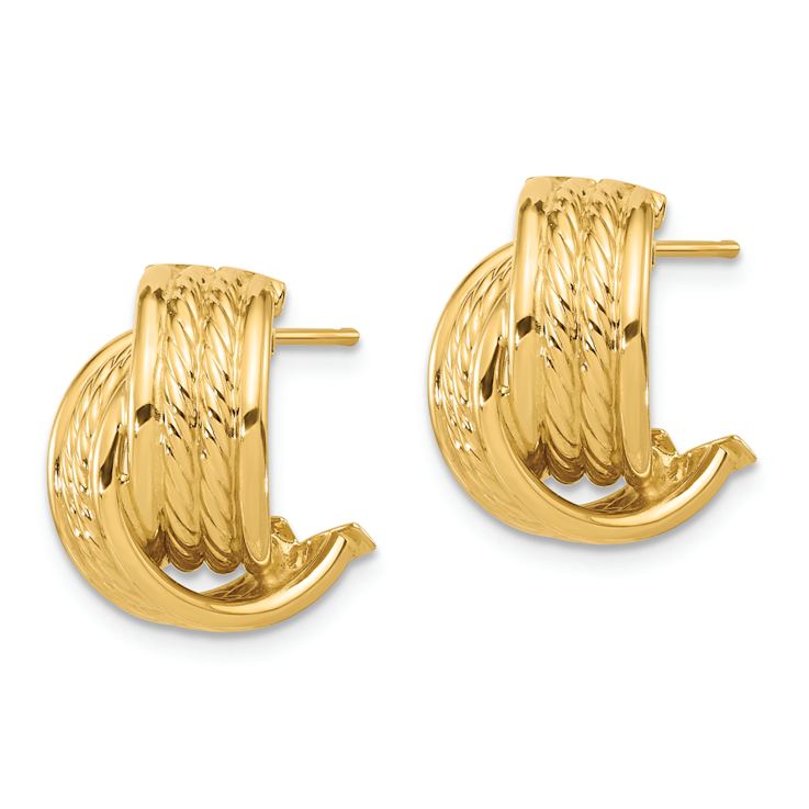14k Yellow Gold Polished and Textured 5/8" Twisted J-Hoop Earrings