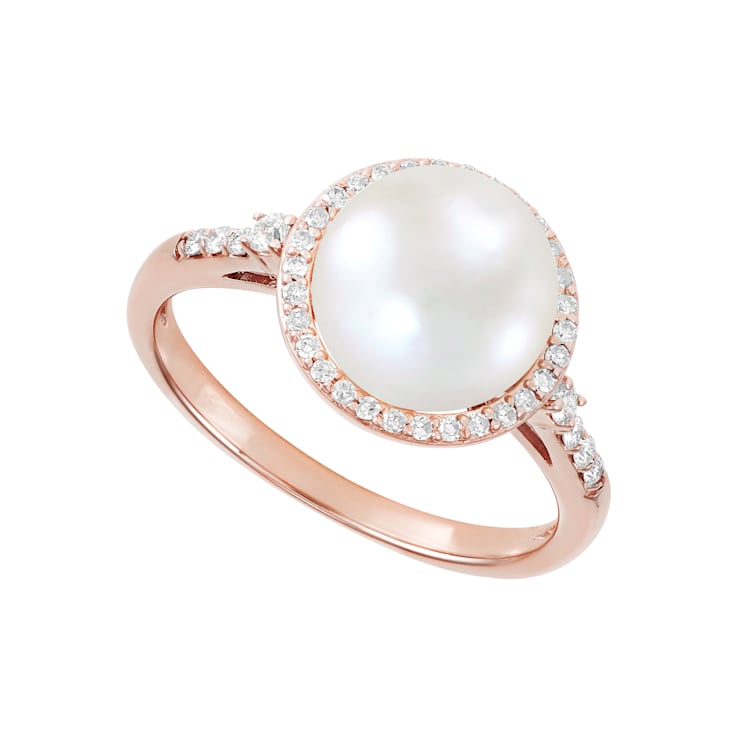 9-9.5mm Round White Freshwater Pearl with 0.21ctw Diamond 10K Rose Gold Ring