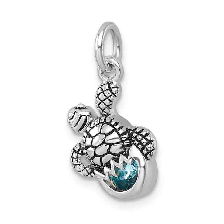 Rhodium Over Sterling Silver Antiqued Crystal Hatching Turtle Pendant
