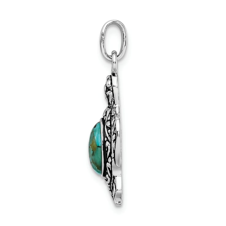 Rhodium Over Sterling Silver Antiqued Reconstituted Turquoise Turtle Pendant