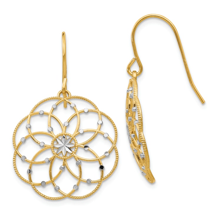 14k Yellow Gold and Rhodium Over 14k Yellow Gold Diamond-Cut Fancy
Dangle Earrings