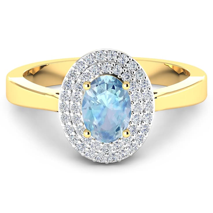 0.86ctw Blue Aquamarine and Diamond 14K Yellow Gold Halo Ring