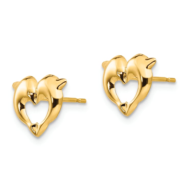 14K Yellow Gold Heart Dolphins Post Earrings