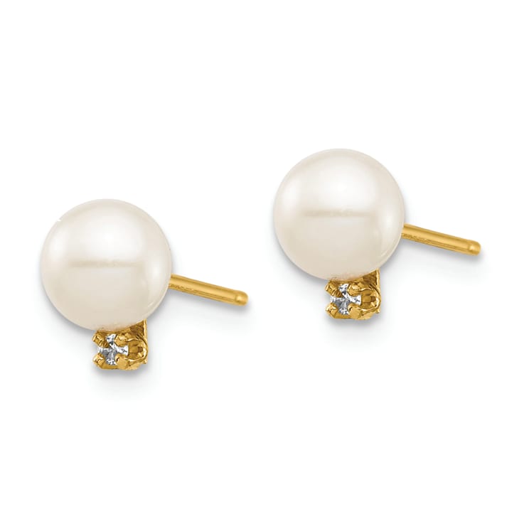 14k Yellow Gold Children's 5-6mm White Round Freshwater Cultured Pearl
Diamond Stud Earrings