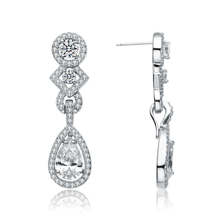CZ Teardrop Halo Dangle Earrings In Sterling Silver