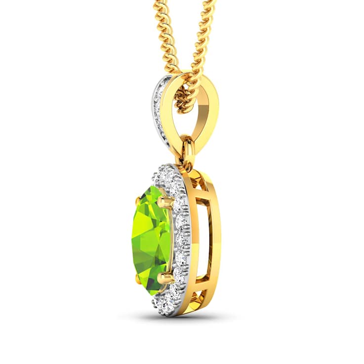 1.05ctw 14K Yellow Gold Oval Peridot and White Diamond Pendant with 18
inch Cable Chain
