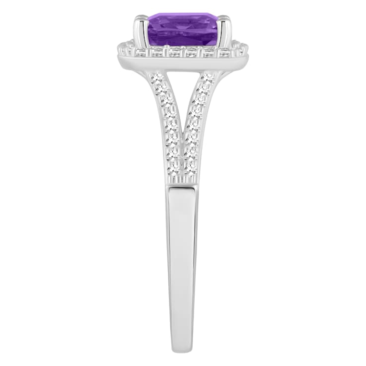 7mm Cushion Amethyst 1/4 ctw Diamond Rhodium Over Sterling Silver Halo Ring