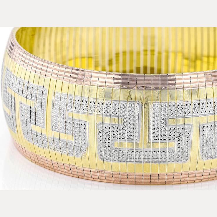 Tri-Color Greek Key Omega Bracelet In 18K Gold Over Bronze