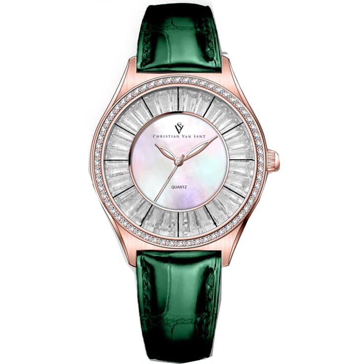 Christian Van Sant Women's Luna White Dial, Green Leather Strap Watch