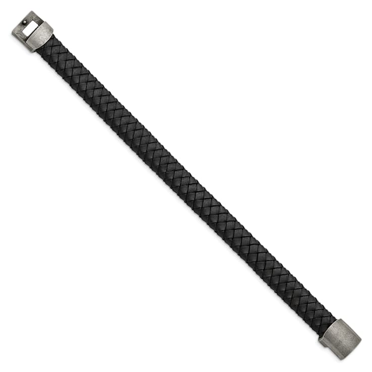 Black Leather and Stainless Steel Antiqued 8.25-inch Bracelet