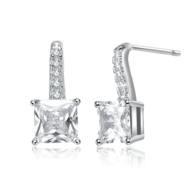 Princess-Cut CZ Solitaire Drop Earrings In White Rhodium Over Brass